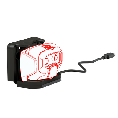 HF6R Signature Headlamp resting in its charging dock with a USB C cable attached displayed in a stand alone setup