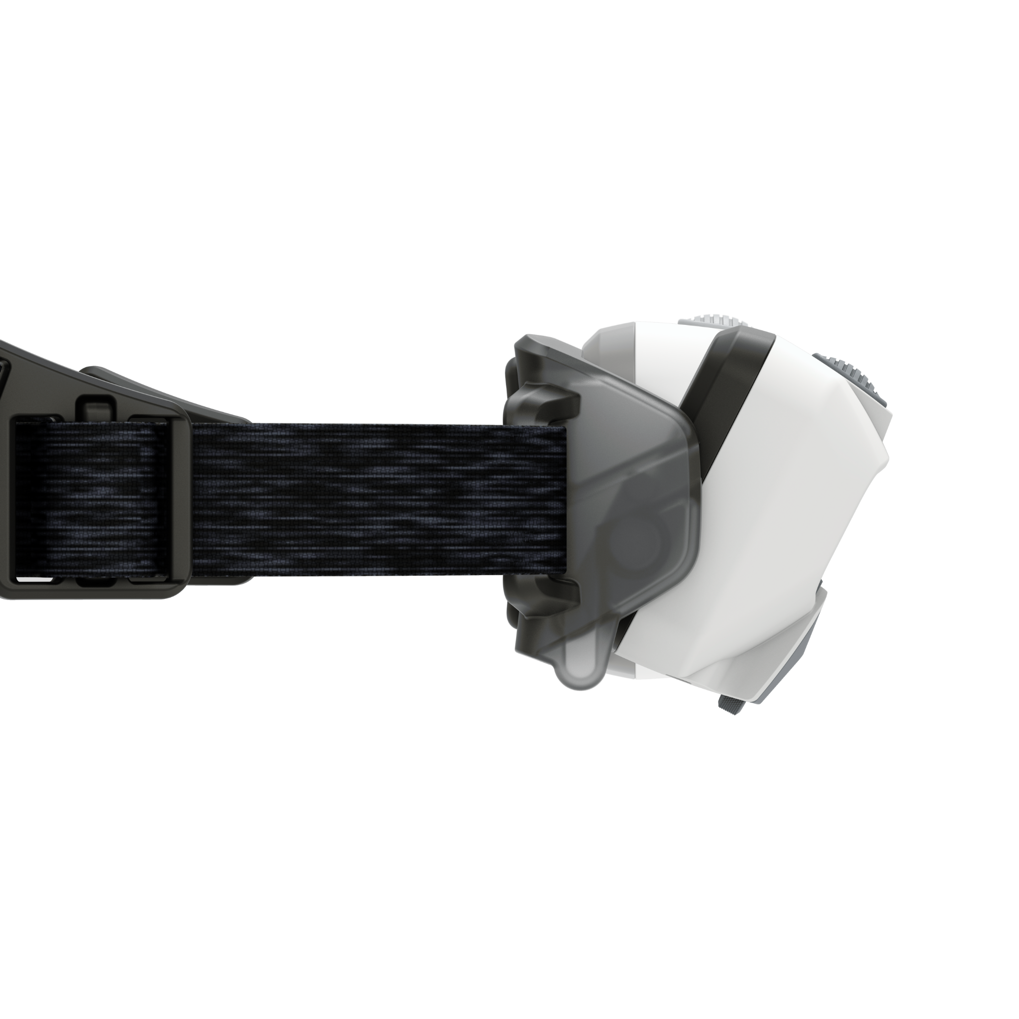 HF6R Core Headlamp worn on head with black adjustable strap and white housing side view