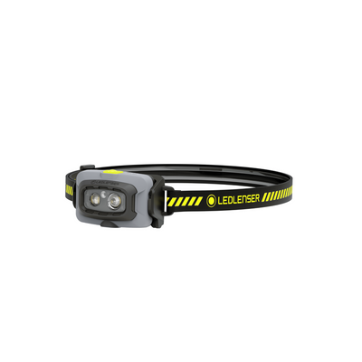 HF4R Work Headlamp by Ledlenser featuring grey body dual front LEDs and adjustable headband with yellow black strap