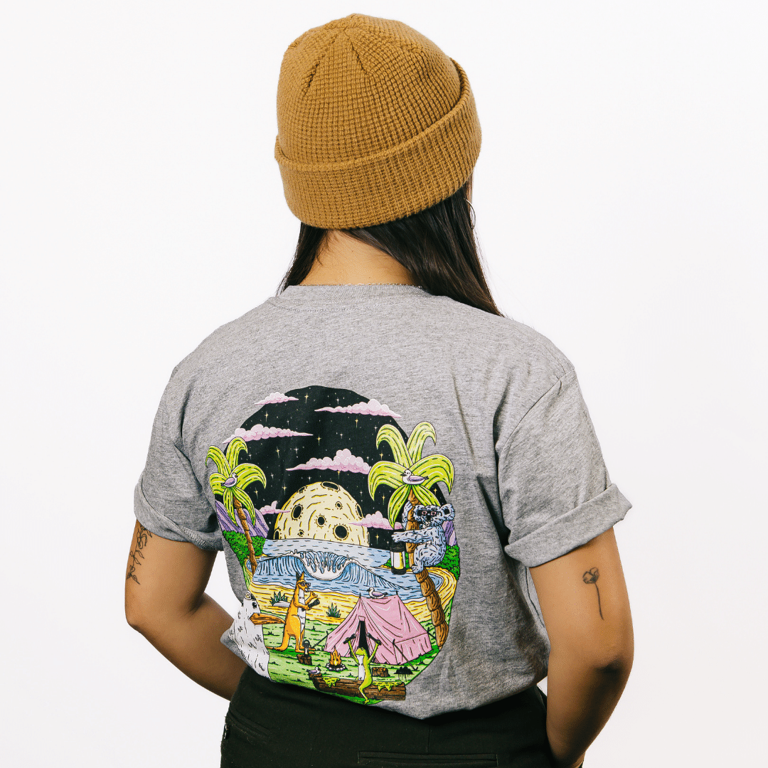 Mulga x Ledlenser Unisex Tee Aussie Camp back view showing grey shirt with colorful circular camping scene graphic model wearing a brown beanie