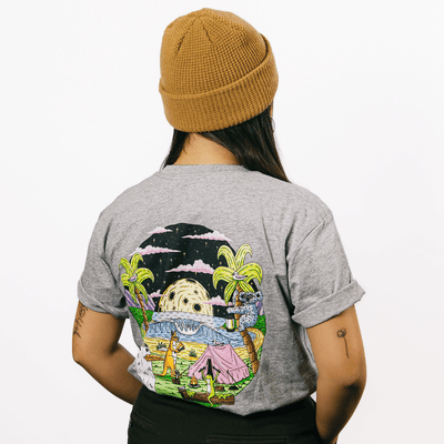 Mulga x Ledlenser Unisex Tee Aussie Camp back view showing grey shirt with colorful circular camping scene graphic model wearing a brown beanie