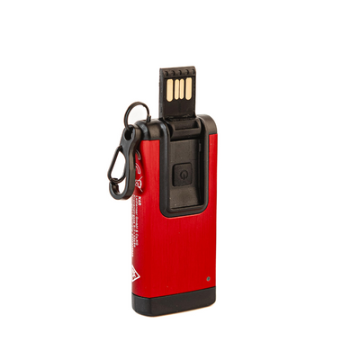 Ledlenser Limited Edition Red K6R Keychain Light showing a red compact keychain torch with USB charging contacts and a black attachment ring