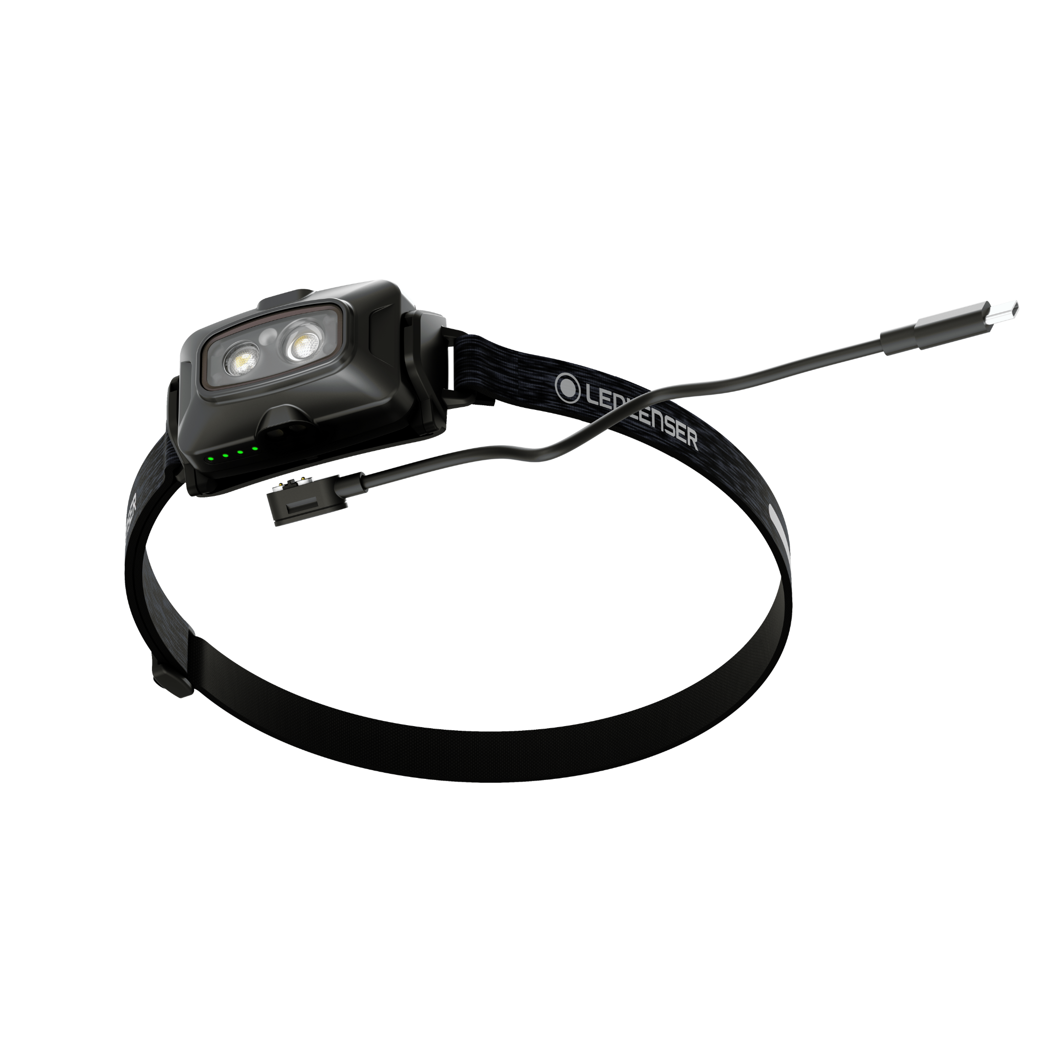Ledlenser HF4R Signature Headlamp with dual LEDs mounted on an adjustable black head strap and a connected charging cable