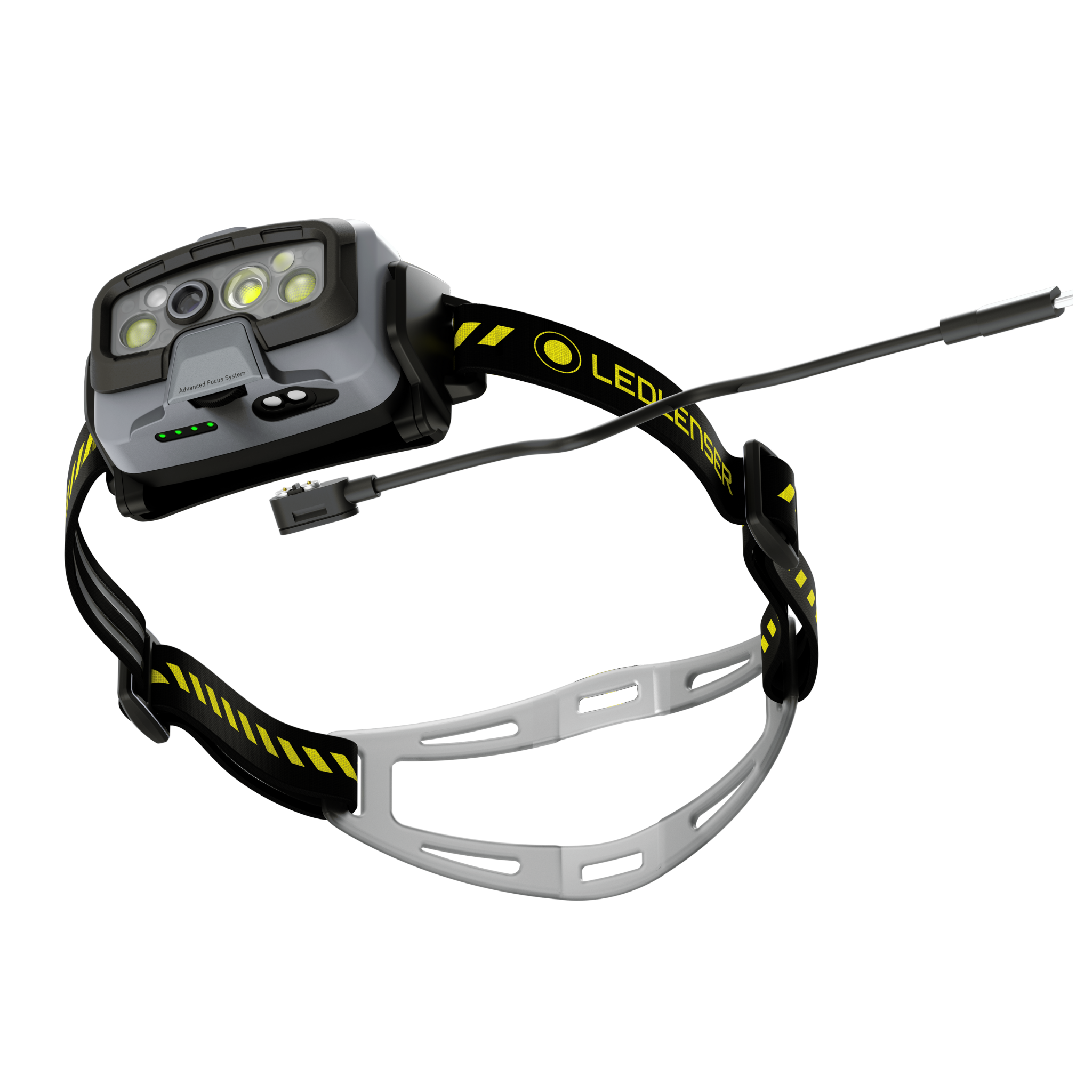 Ledlenser HF8R Work Headlamp with adjustable black and yellow strap and rechargeable front unit facing the viewer