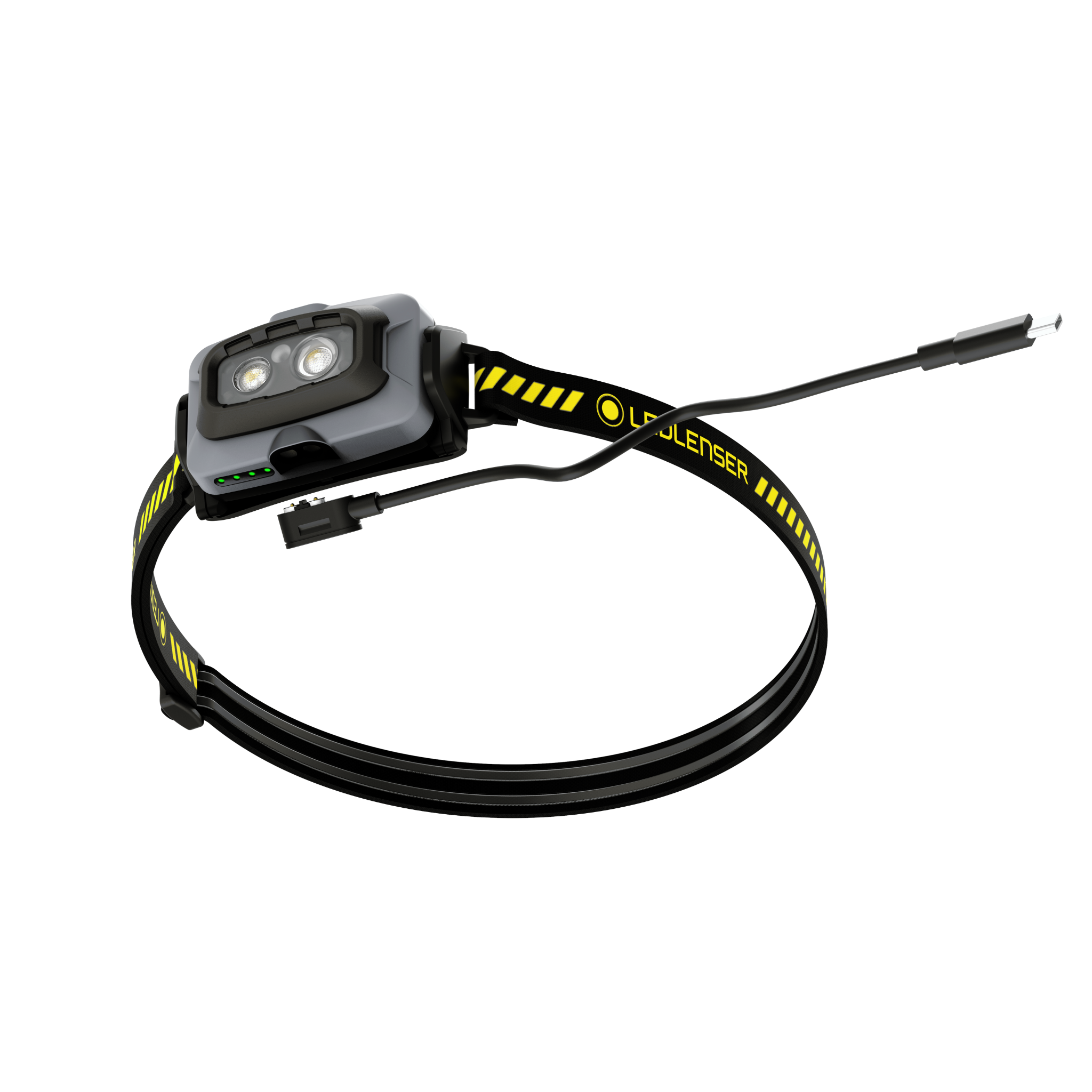 HF4R Work Headlamp by Ledlenser featuring dual LEDs in a grey housing and an adjustable black and yellow headband with USB charging cable