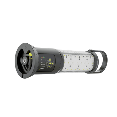 Ledlenser AL10R Work Lantern featuring a cylindrical LED array black control panel with yellow accents and built‑in carrying handle