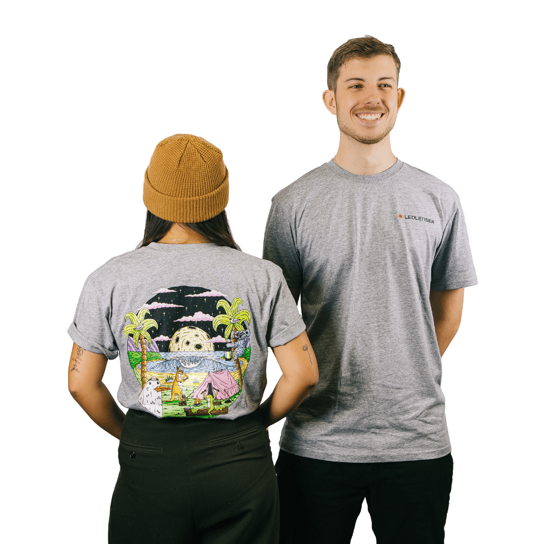 Mulga x Ledlenser Unisex Tee Aussie Camp two people wearing grey tees back shows a colorful illustrated campsite design Ledlenser logo on chest
