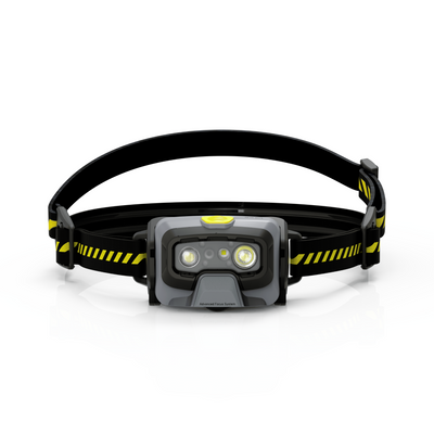HF6R Work Headlamp by Ledlenser viewed head on with black and yellow adjustable strap dual LED modules and central battery housing