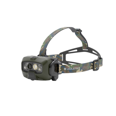 HF8R Core RGB Camo headlamp by Ledlenser showing olive green body with camo head strap and front LEDs