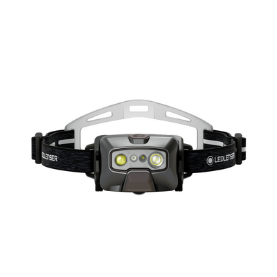 HF6R Signature Headlamp by Ledlenser with dual LED modules in a grey front housing and a black adjustable headband