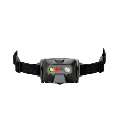 HF6R Core Headlamp shown in a front view with a black adjustable headband and dual LEDs plus a red indicator light