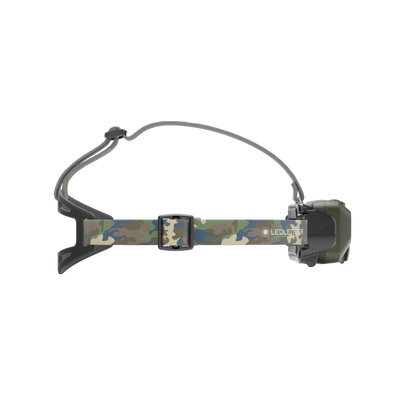 Ledlenser HF8R Core RGB Camo headlamp with camo strap and right mounted rechargeable battery pack side view