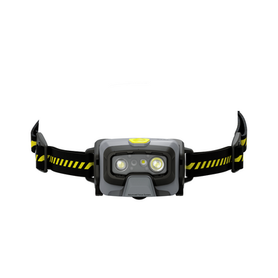 HF6R Work Headlamp front view showing grey body yellow top button two LED modules and black yellow striped headband