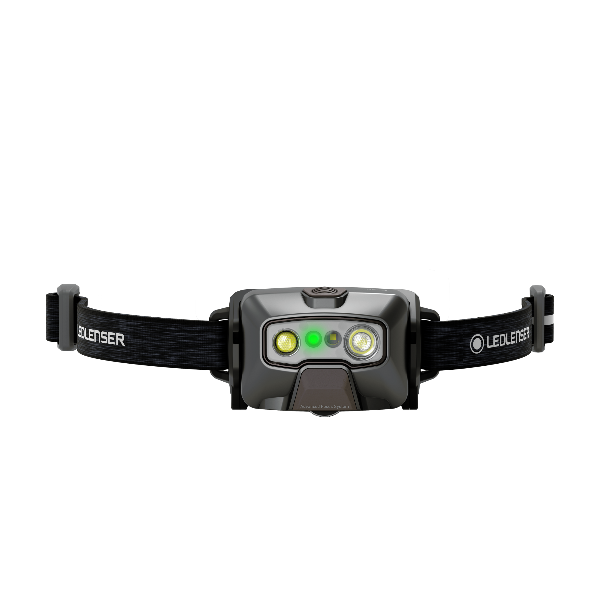 HF6R Signature Headlamp facing forward on a black Ledlenser headband with dual LEDs and green indicator lights