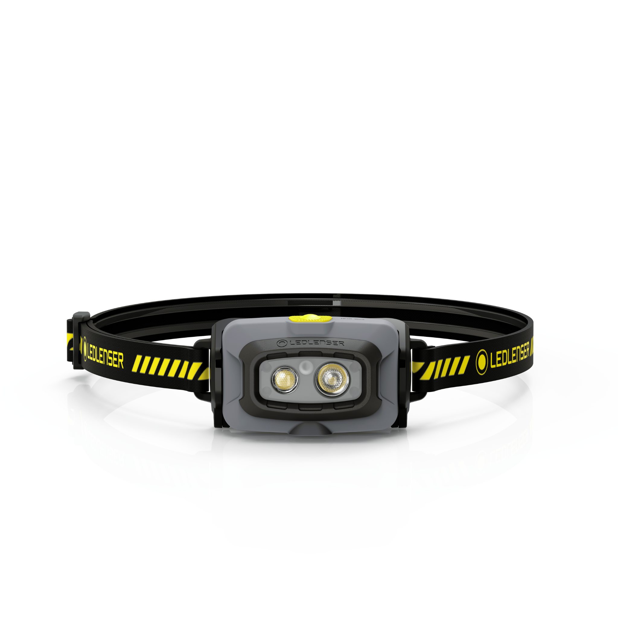Ledlenser HF4R Work Headlamp featuring dual front LEDs on a grey housing with a black and yellow adjustable head strap
