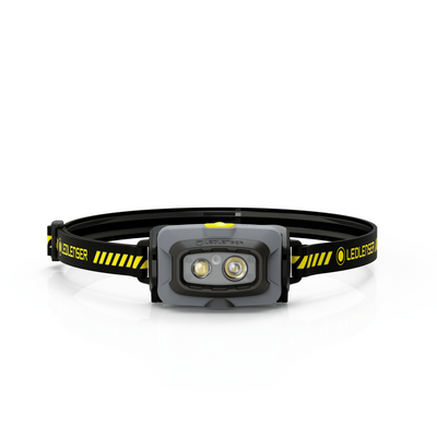Ledlenser HF4R Work Headlamp featuring dual front LEDs on a grey housing with a black and yellow adjustable head strap