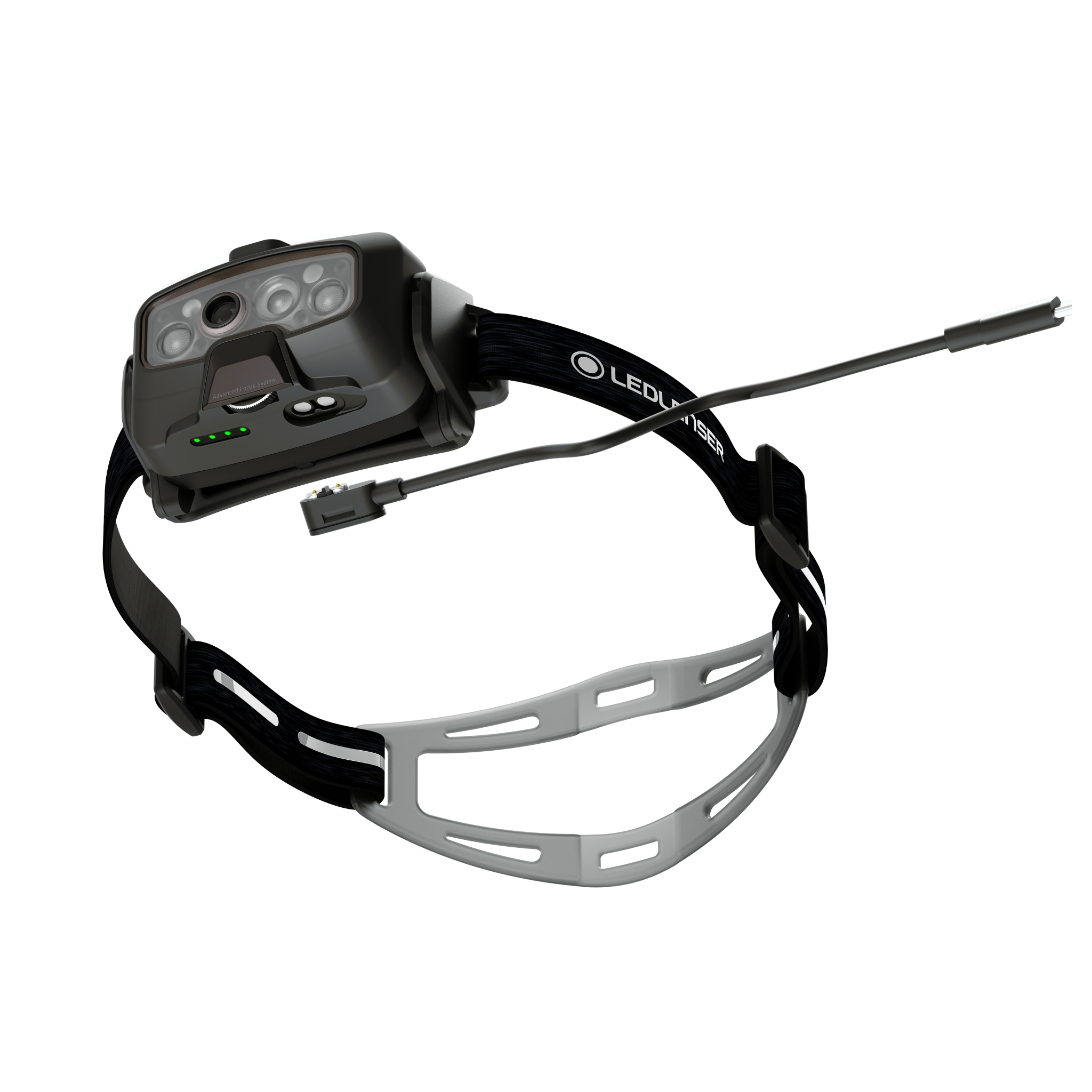 HF8R Signature Headlamp mounted on a black headband with a grey battery pack and charging cable showcasing the front LED array and status indicators