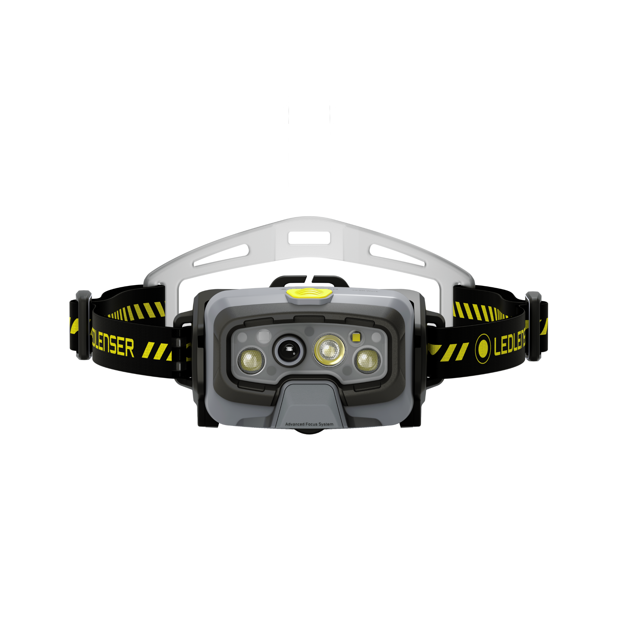 HF8R Work Headlamp by Ledlenser grey front module with three LEDs and central lens on a black yellow strap headband