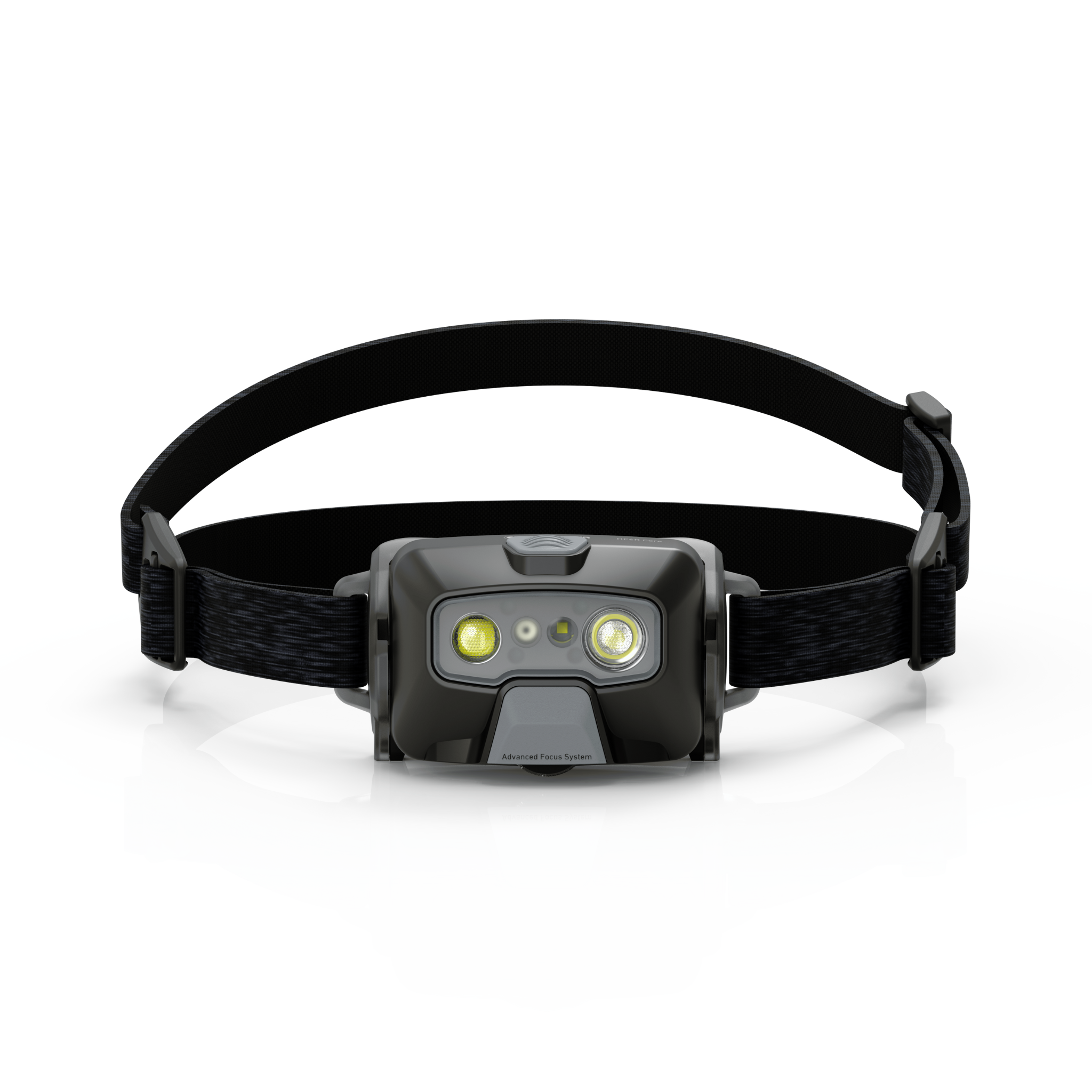 Ledlenser HF6R Core Headlamp with black adjustable head strap and dual front LEDs on a grey housing