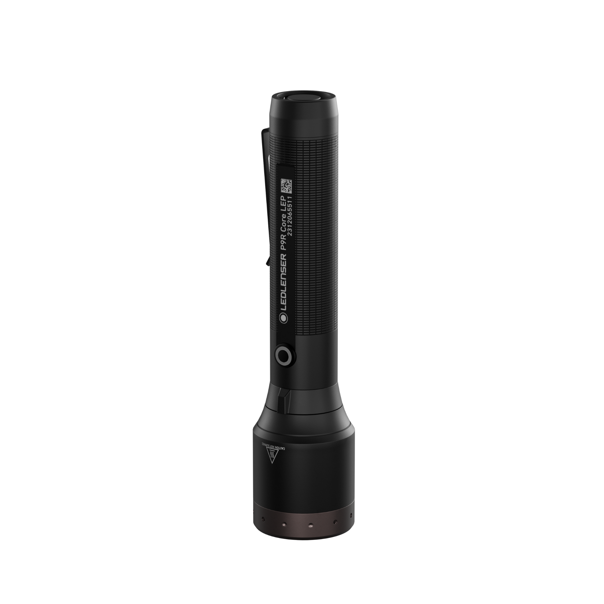 Ledlenser P9R LEP Torch in black upright with textured grip and brown base side control button visible