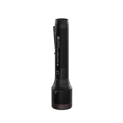 Ledlenser P9R LEP Torch in black upright with textured grip and brown base side control button visible
