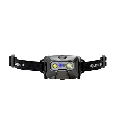 HF6R Signature Headlamp front view mounted on a black adjustable strap with dual LEDs and a blue indicator light branding on strap visible