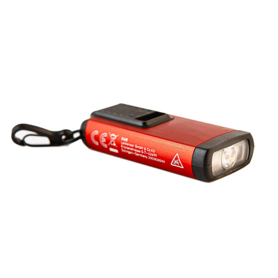 Limited Edition Red K6R Keychain Light by Ledlenser compact red metal body with black end and clip shown with keychain attachment
