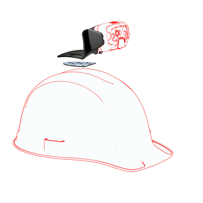 Ledlenser HF8R Work Headlamp shown as a red outlined diagram with the headlamp unit above a white safety helmet illustrating mounting context