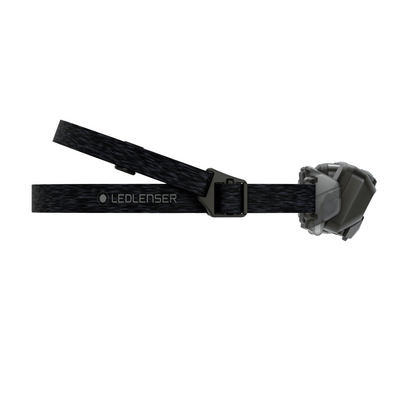 HF6R Core Headlamp shown mounted on a black woven headstrap with adjustable buckle and the Ledlenser logo visible