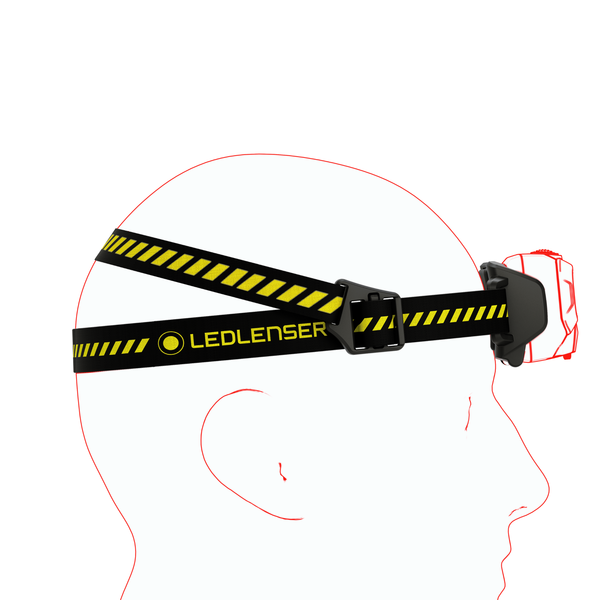 Ledlenser HF6R Work Headlamp worn on a head with a black yellow striped strap and side mounting unit