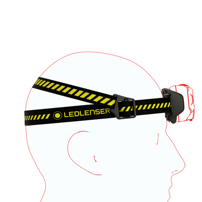 Ledlenser HF6R Work Headlamp worn on a head with a black yellow striped strap and side mounting unit