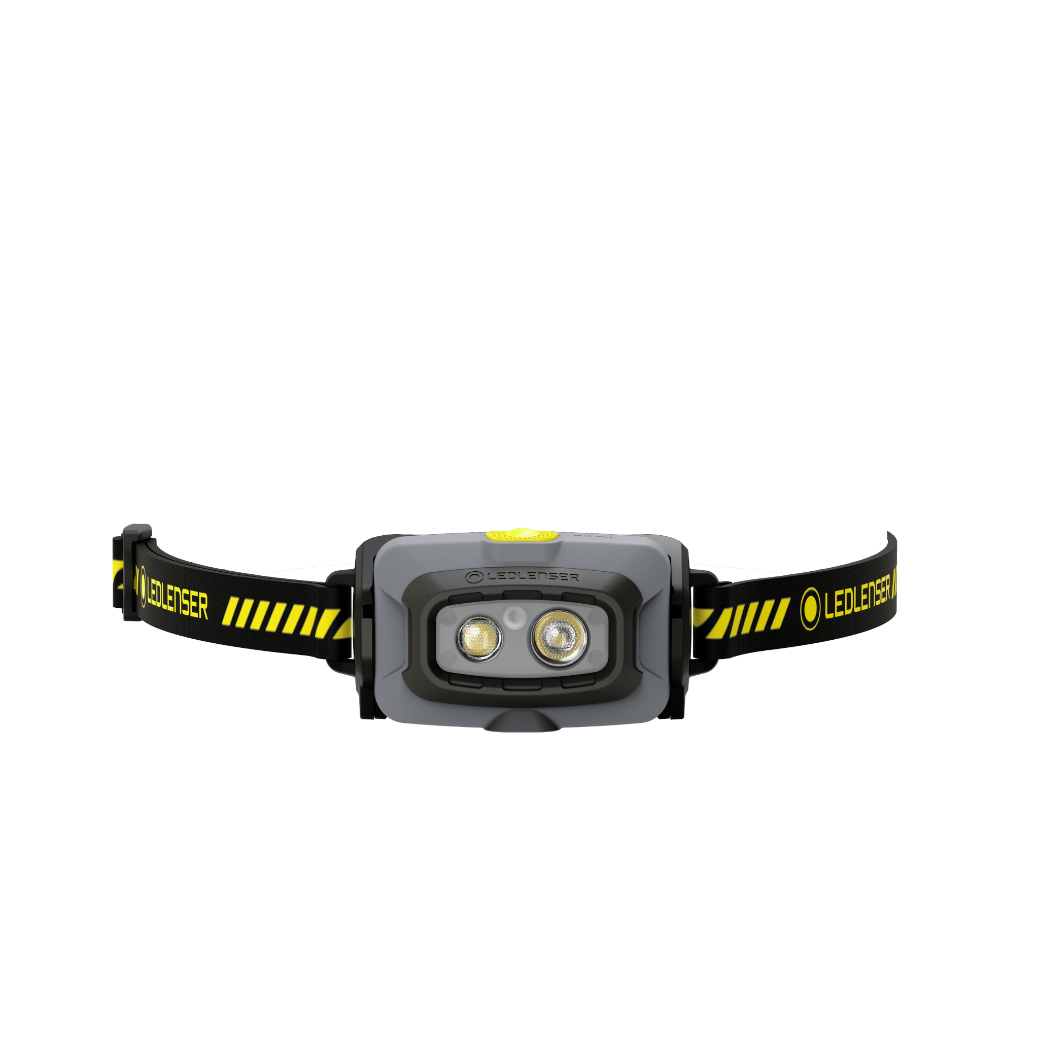 HF4R Work Headlamp with grey housing and dual LEDs yellow power button worn on a black adjustable headband with Ledlenser branding
