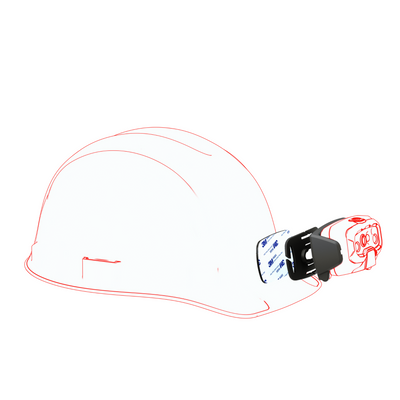 Ledlenser HF8R Work Headlamp mounted on a white safety helmet with a black headlamp mount and 3M adhesive strip visible