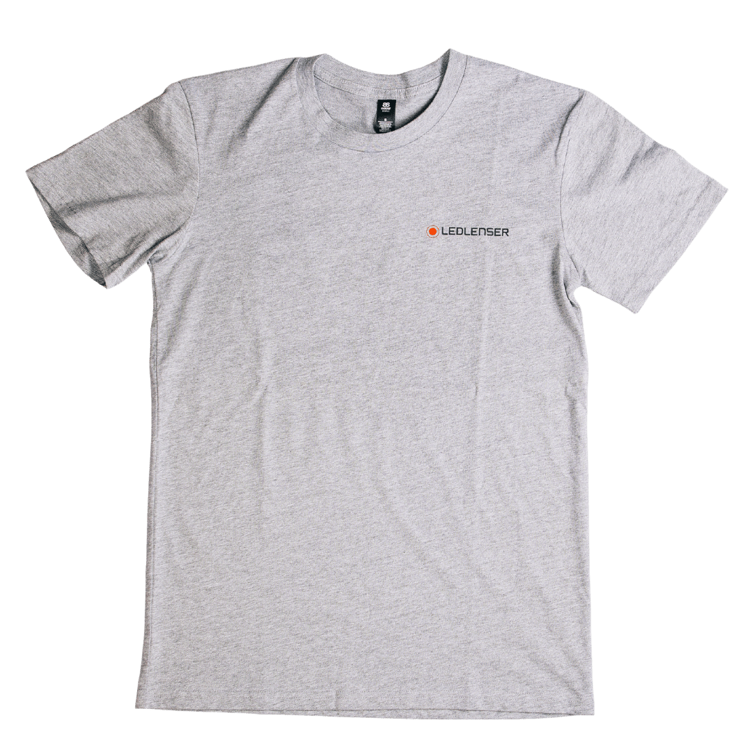 Mulga x Ledlenser Unisex Tee Aussie Animalia grey T shirt with small Ledlenser logo on the chest