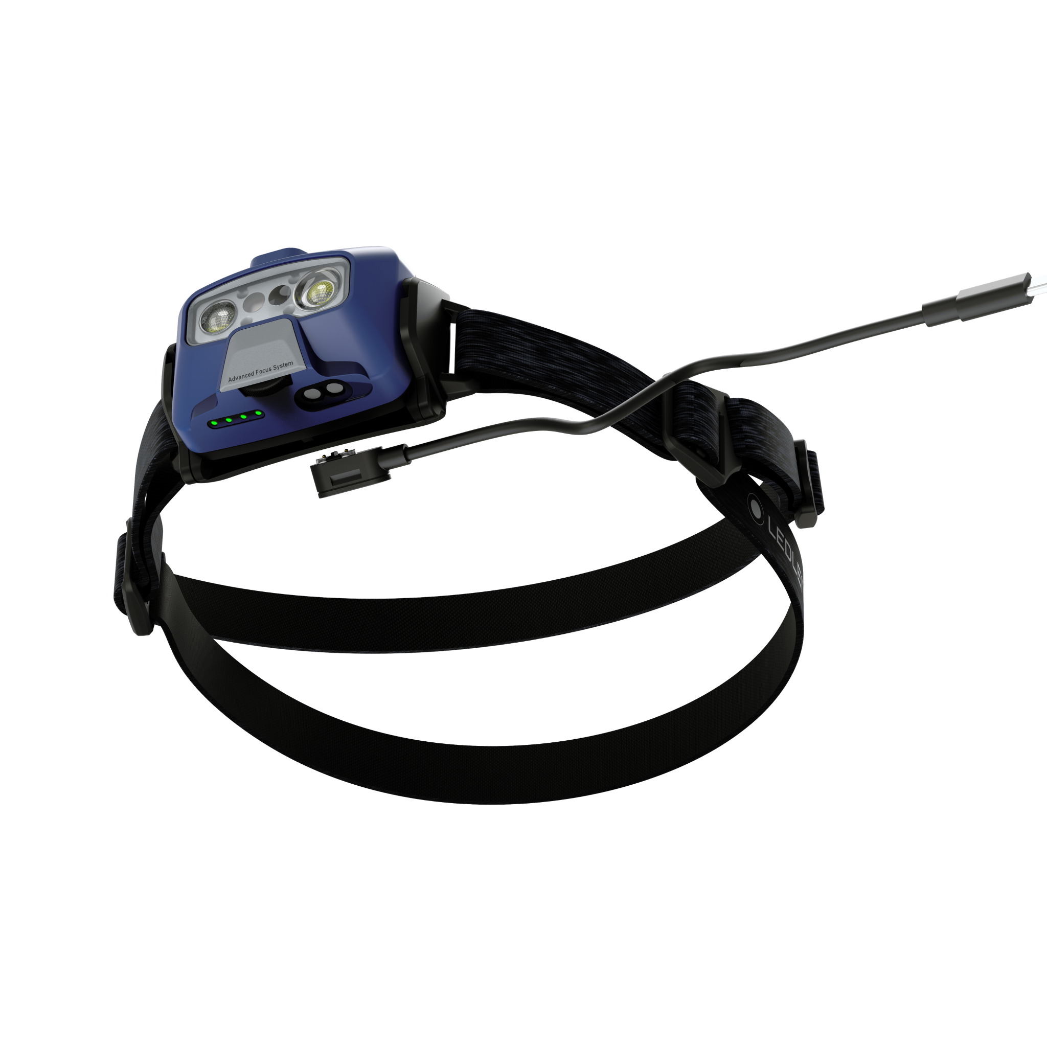 Ledlenser HF6R Core Headlamp with blue body and adjustable head strap rechargeable battery and charging cable visible