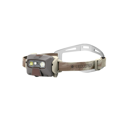 HF6R Signature Headlamp worn on head with grey housing and tan strap featuring dual front LEDs