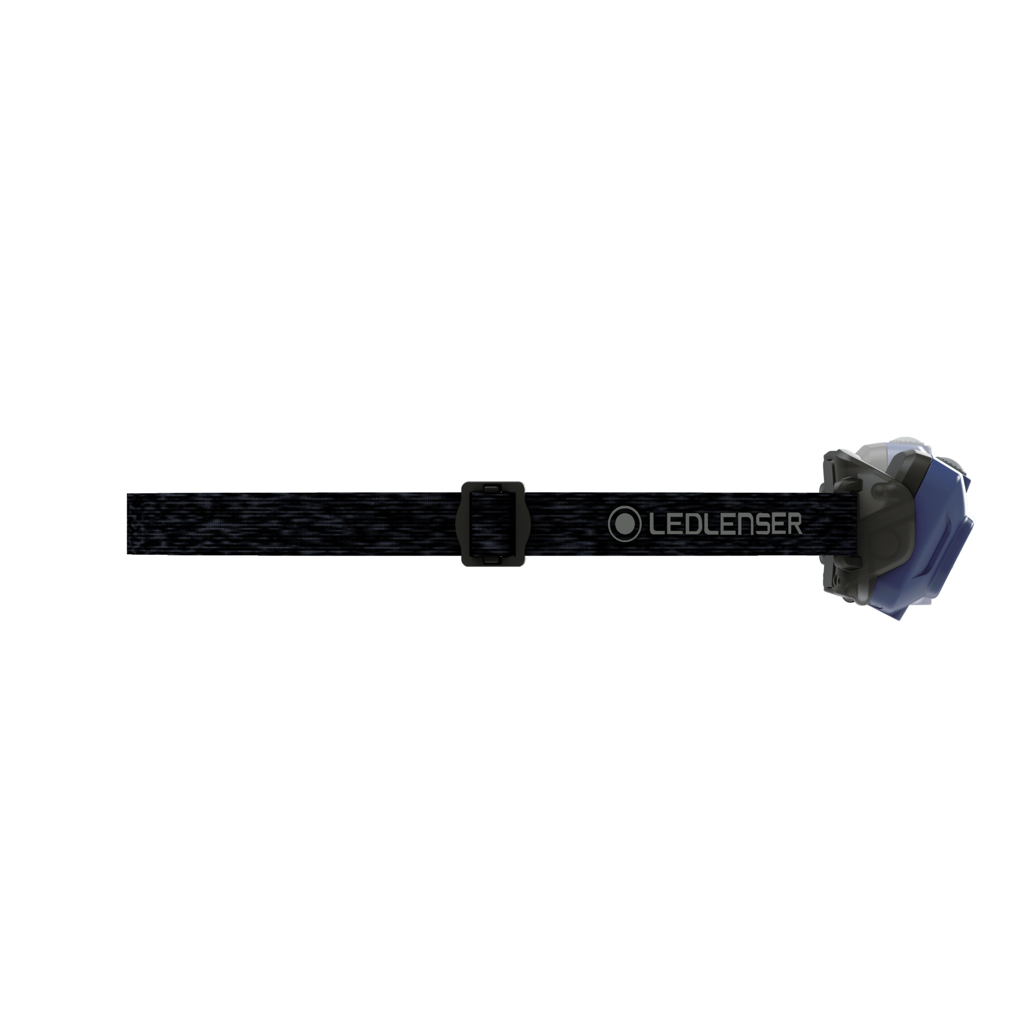 Ledlenser HF4R Core Headlamp on a black headband strap side view showing blue housing