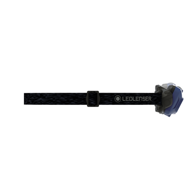 Ledlenser HF4R Core Headlamp on a black headband strap side view showing blue housing