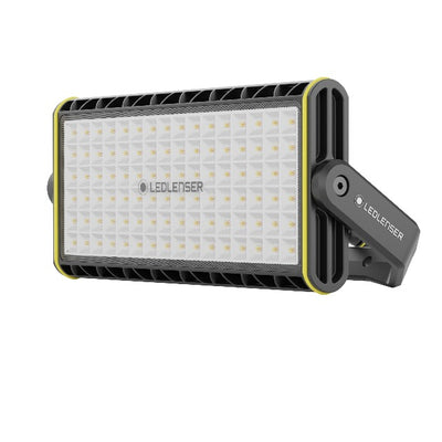 Ledlenser AF12C Work Floodlight with rectangular LED panel and yellow trim mounted on an adjustable grey bracket