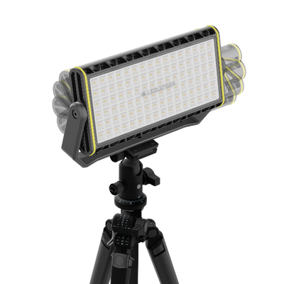 Ledlenser AF12R Work Floodlight mounted on a tripod with a large rectangular LED panel and yellow accents