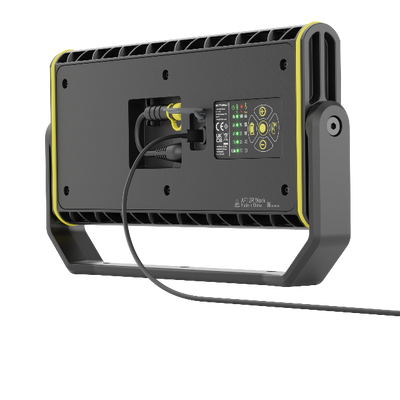 Ledlenser AF12R Work Floodlight rear view showing power input control panel and adjustable stand with yellow accents