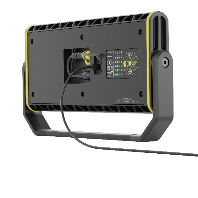 Ledlenser AF12R Work Floodlight rear view showing power input control panel and adjustable stand with yellow accents