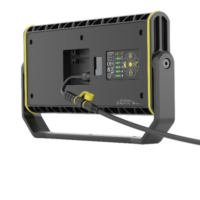 AF12R Work Floodlight shown from rear with mounting bracket power cable connected yellow trim and control panel visible