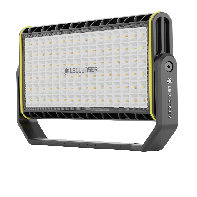 Ledlenser AF12R Work Floodlight with rectangular LED array in a grey and black housing yellow trim shown on an adjustable U shaped stand and branding visible on the side