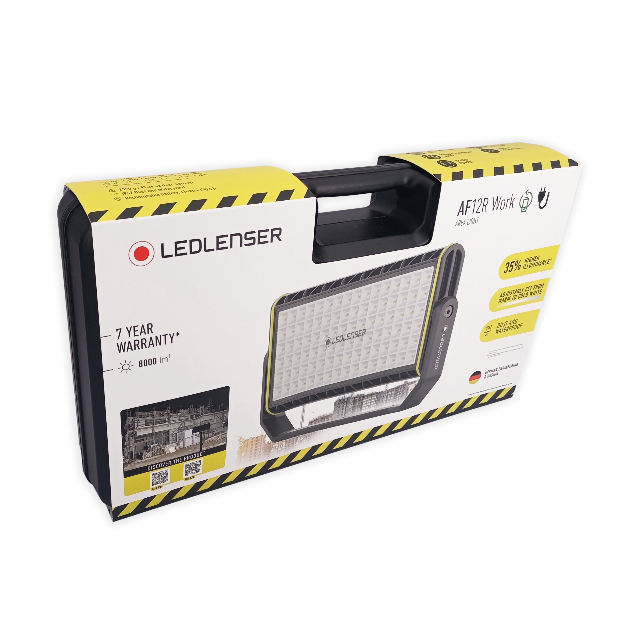 Ledlenser AF12R Work Floodlight packaging showing the portable rechargeable LED floodlight in a white and yellow box with hazard stripes and handle display