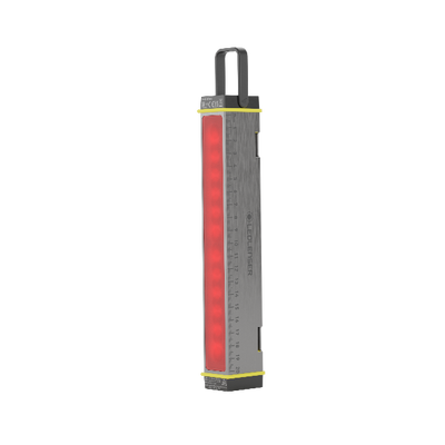 AF2R Work Area Light standing upright with a vertical red LED panel grey metal body yellow trim and a top carry handle