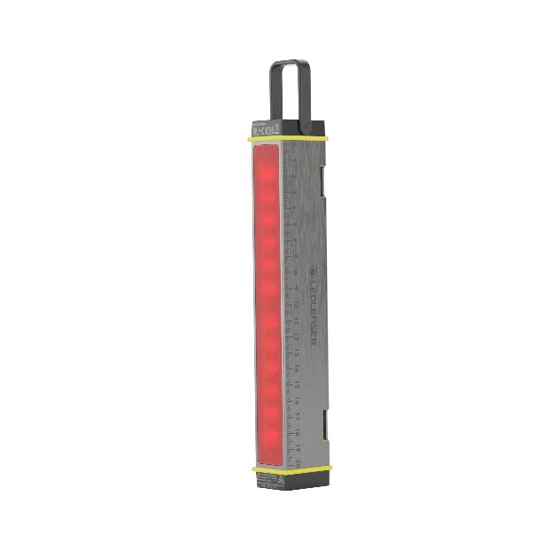 AF2R Work Area Light standing upright with a vertical red LED panel grey metal body yellow trim and a top carry handle