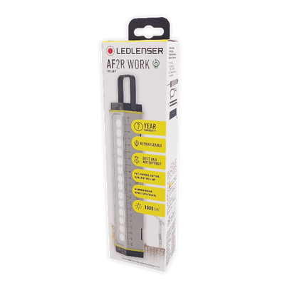 Ledlenser AF2R Work Area Light packaging showing a tall light bar with a black hanging handle and yellow highlight accents on a white box