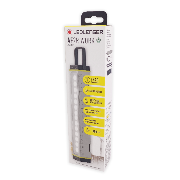 Ledlenser AF2R Work Area Light packaging showing a tall light bar with a black hanging handle and yellow highlight accents on a white box