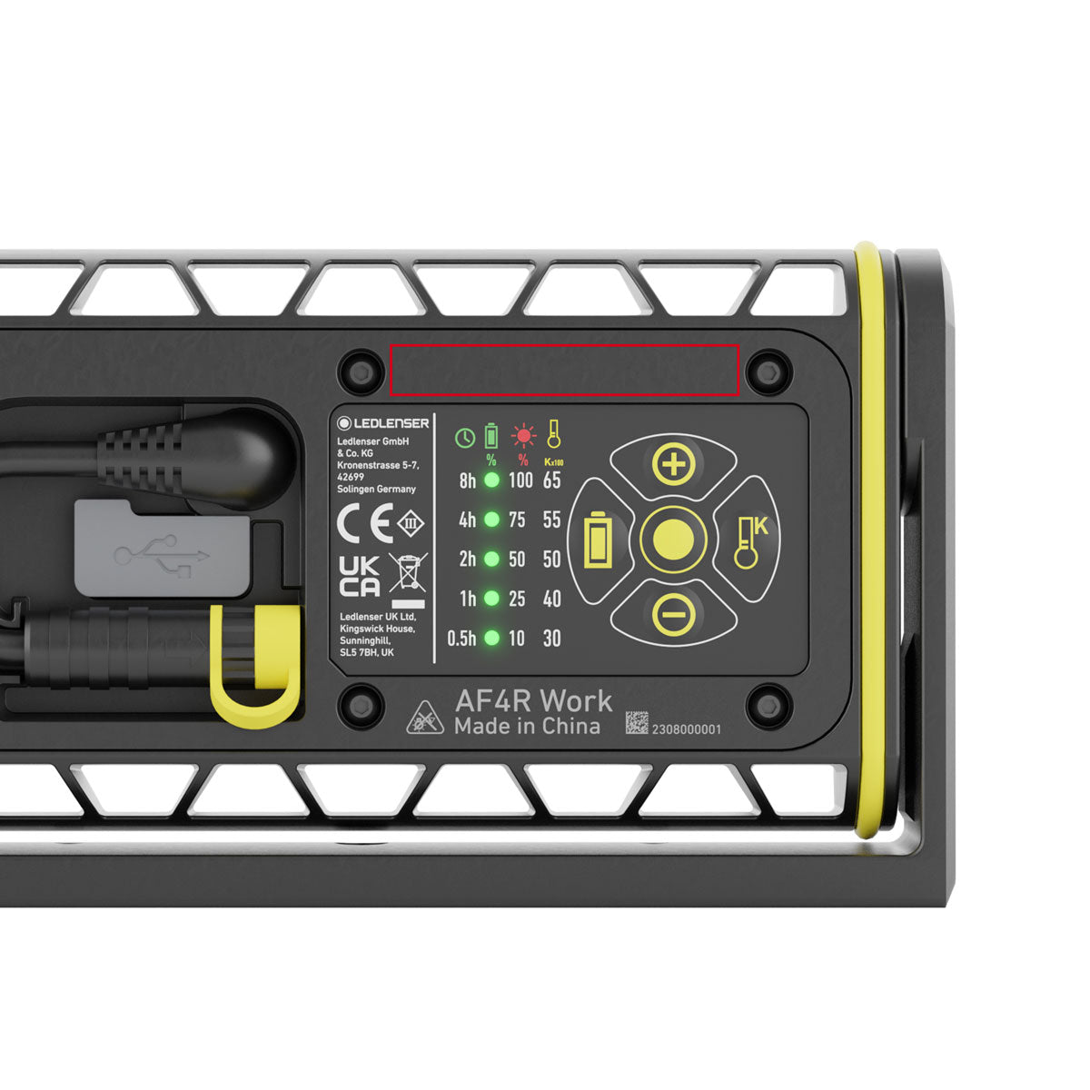 AF4R Work Floodlight bottom control panel showing battery indicators mode buttons and yellow latch on rugged grey housing